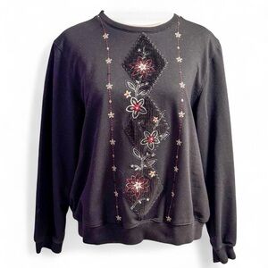 Alfred Dunner Black Sweatshirt with Floral Embroidery